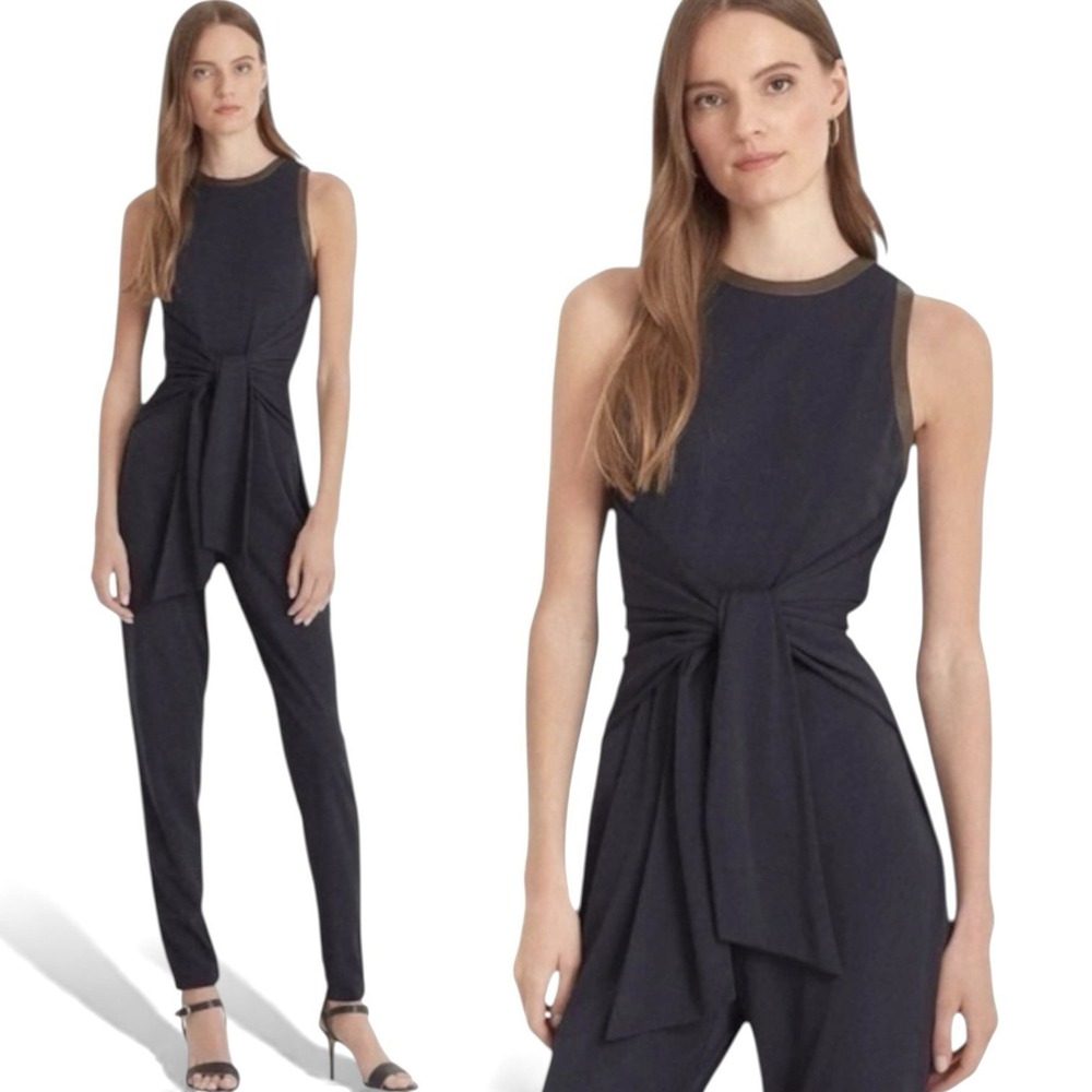 Ralph Lauren‎ Tie-Front Sleeveless Jersey Jumpsuit XL Navy Blue Leather Trim